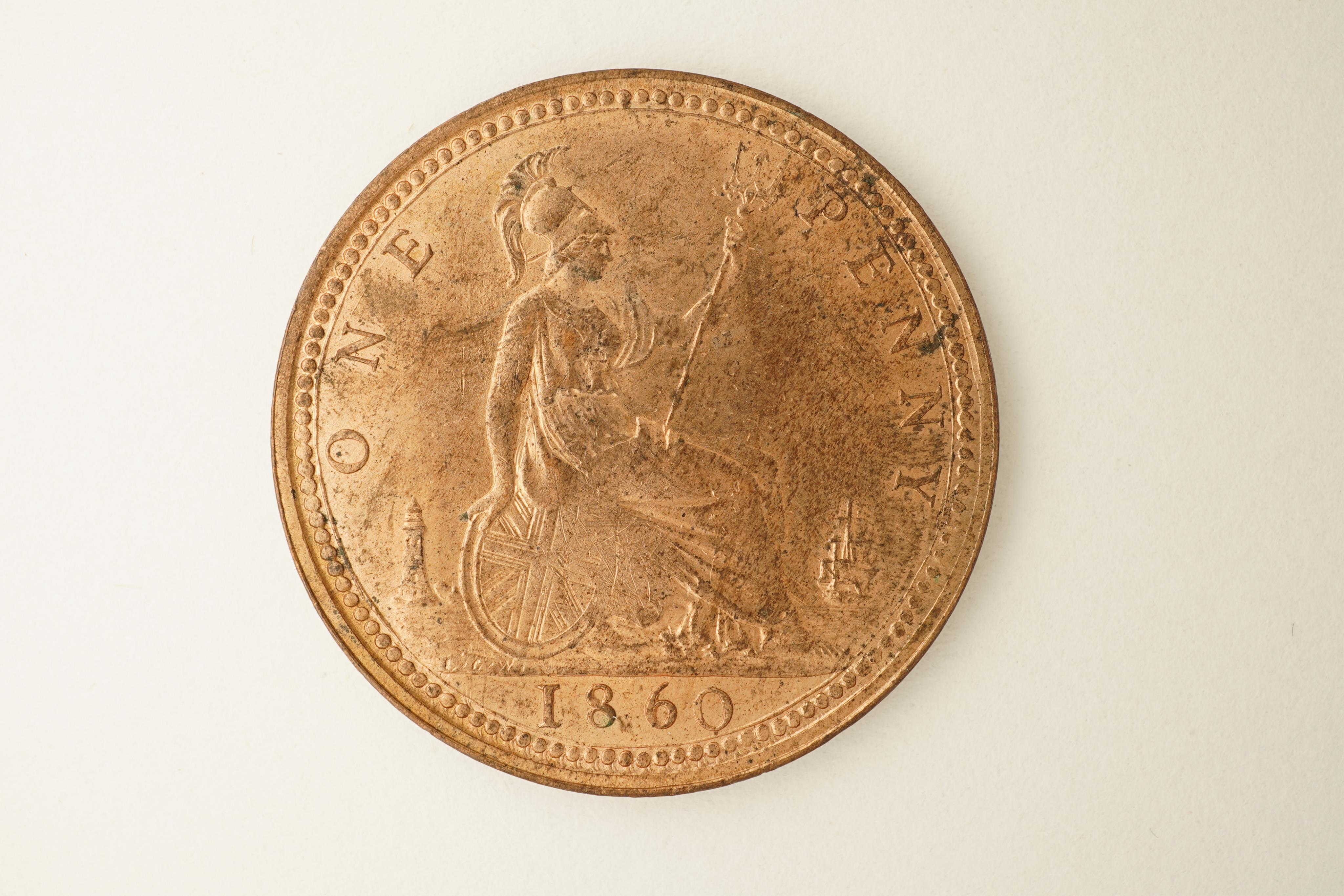 British coins, Victoria, bronze penny, 1860, zero of date set quite low in exergue, Fr. 6, Gouby dies C/b, flat area to right of shield, otherwise near EF, much lustre